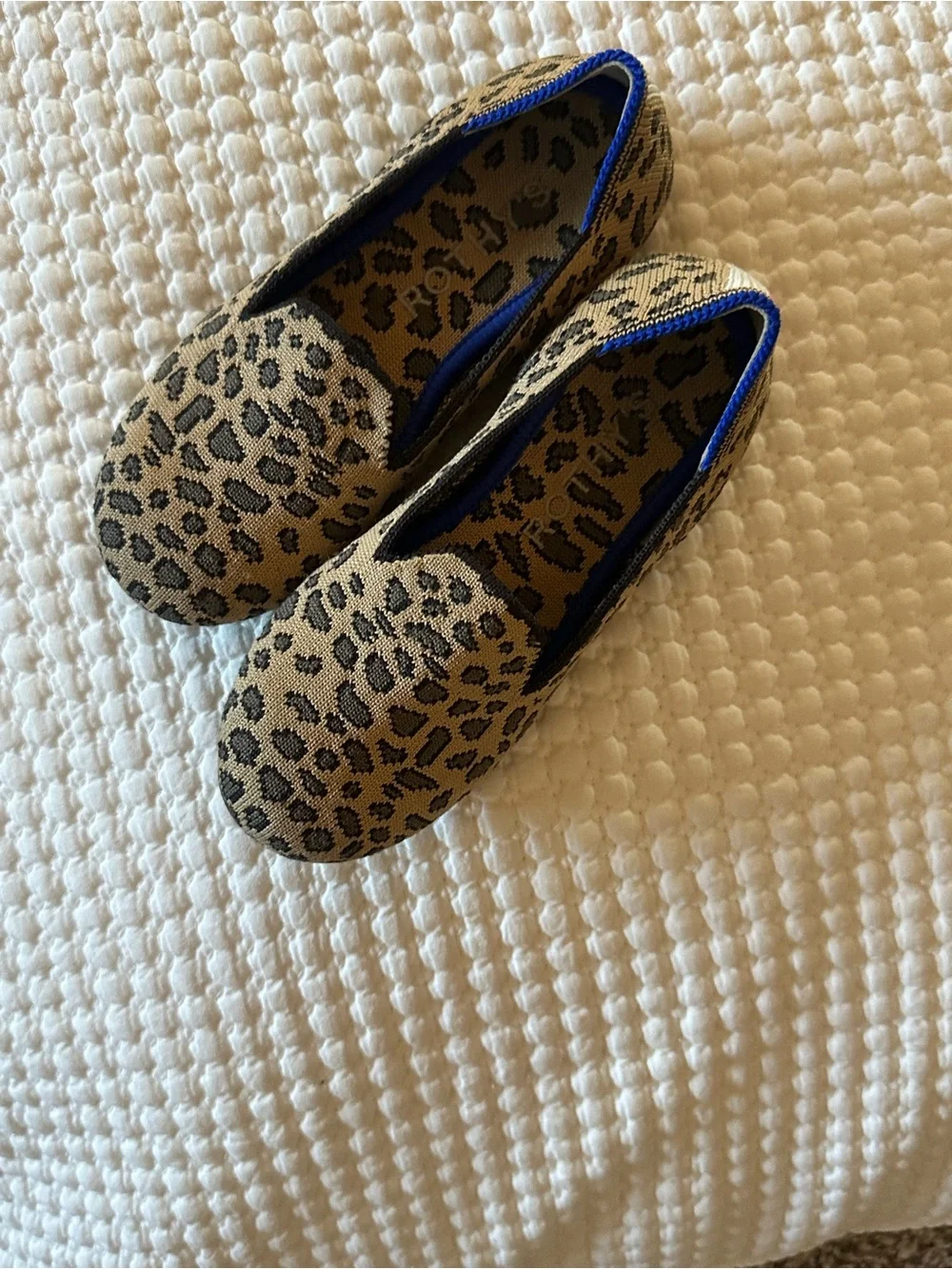 Rothy's Leopard Print Kids Ballet Flats with Blue Trim